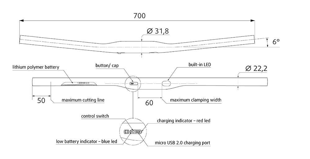 LED handlebar (battery version) dimensions
