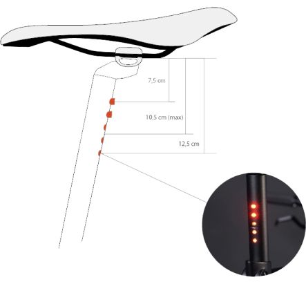 The seat post should be mounted so that at least the three uppermost LEDs are visible, thus it shoud stick out at a minimum of 10.5 cm.